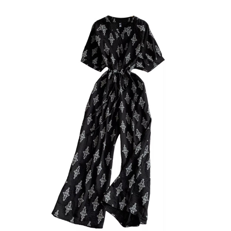 Printed Short Sleeve Wide Leg Jumpsuit Black / One Size Apparel and Accessories