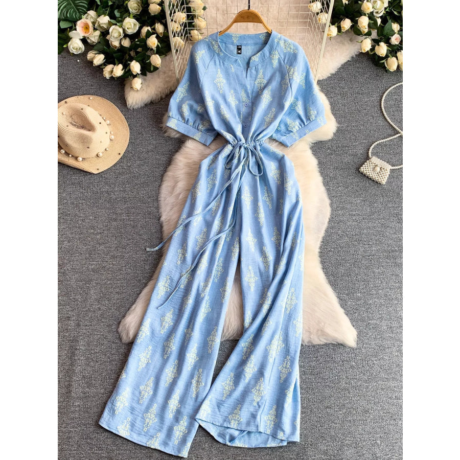 Printed Short Sleeve Wide Leg Jumpsuit Blue / One Size Apparel and Accessories