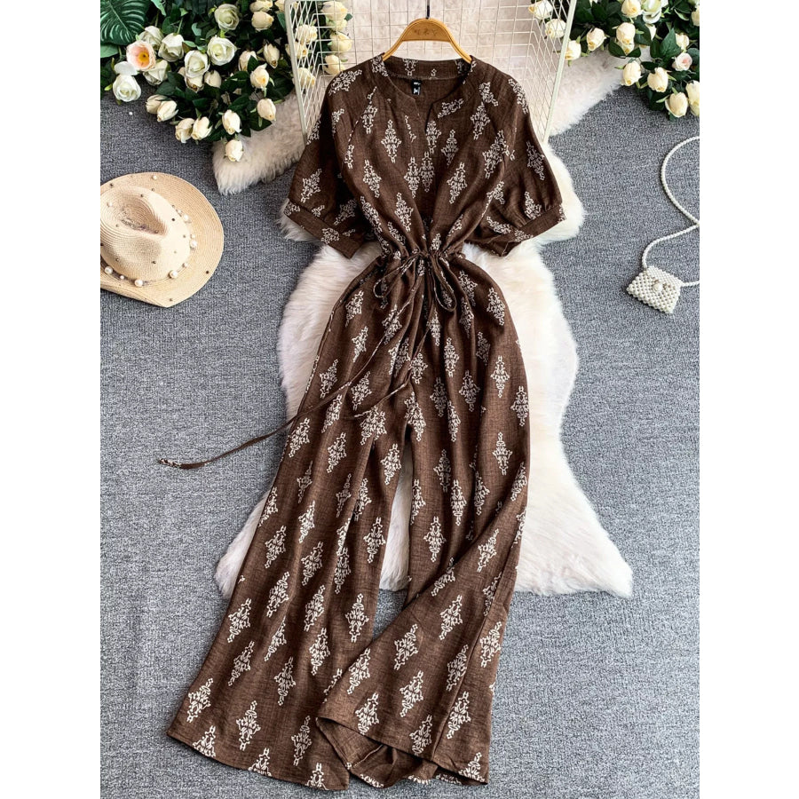 Printed Short Sleeve Wide Leg Jumpsuit Brown / One Size Apparel and Accessories
