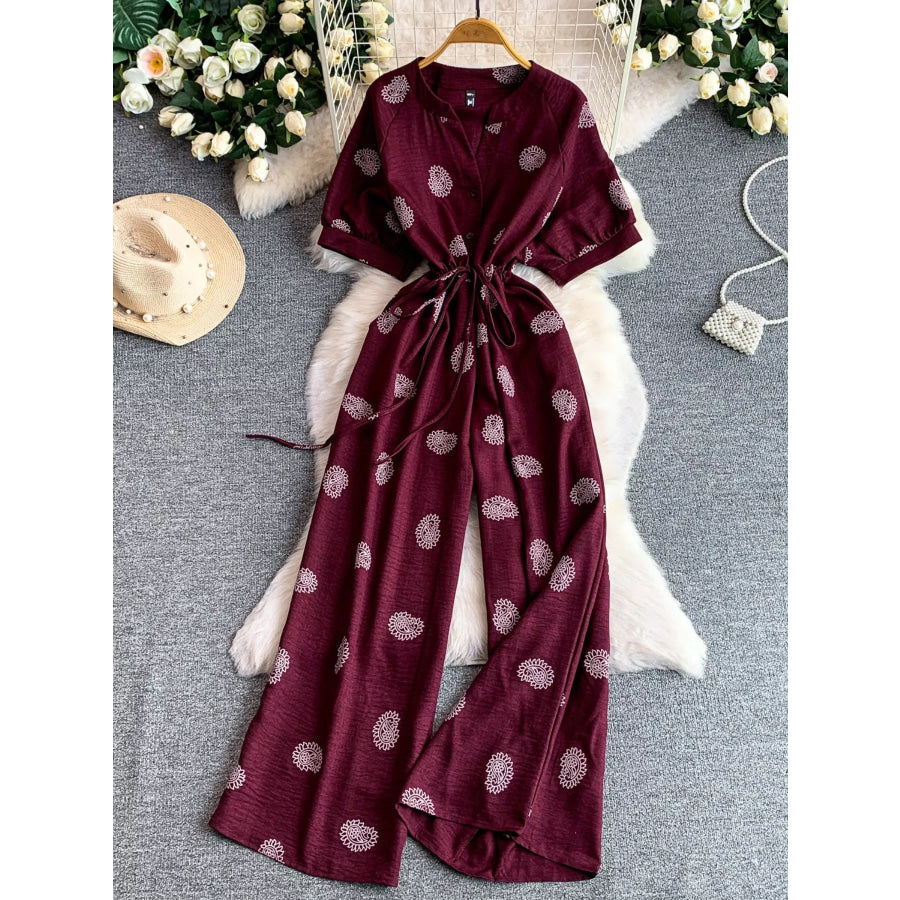 Printed Short Sleeve Wide Leg Jumpsuit Burgundy / One Size Apparel and Accessories
