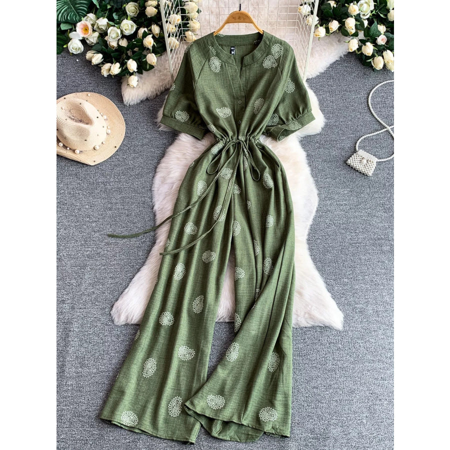 Printed Short Sleeve Wide Leg Jumpsuit Green / One Size Apparel and Accessories