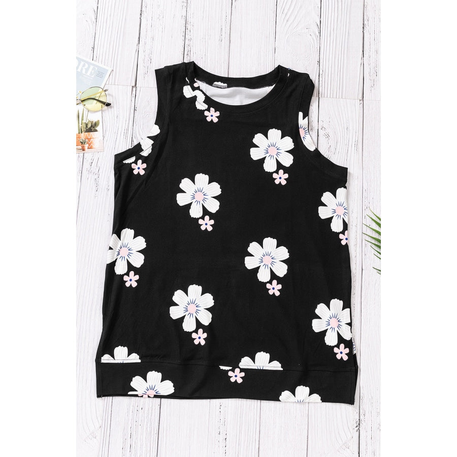 Printed Side Slit Round Neck Tank Black / S