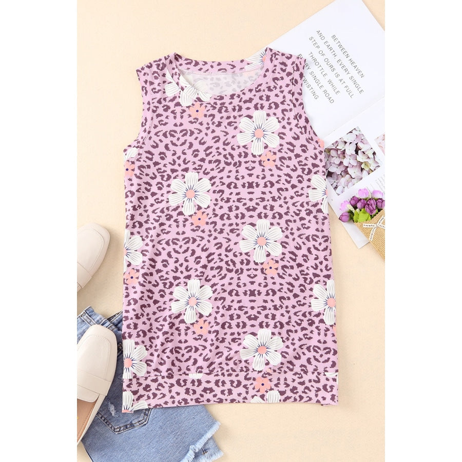 Printed Side Slit Round Neck Tank Pink Lavender / S