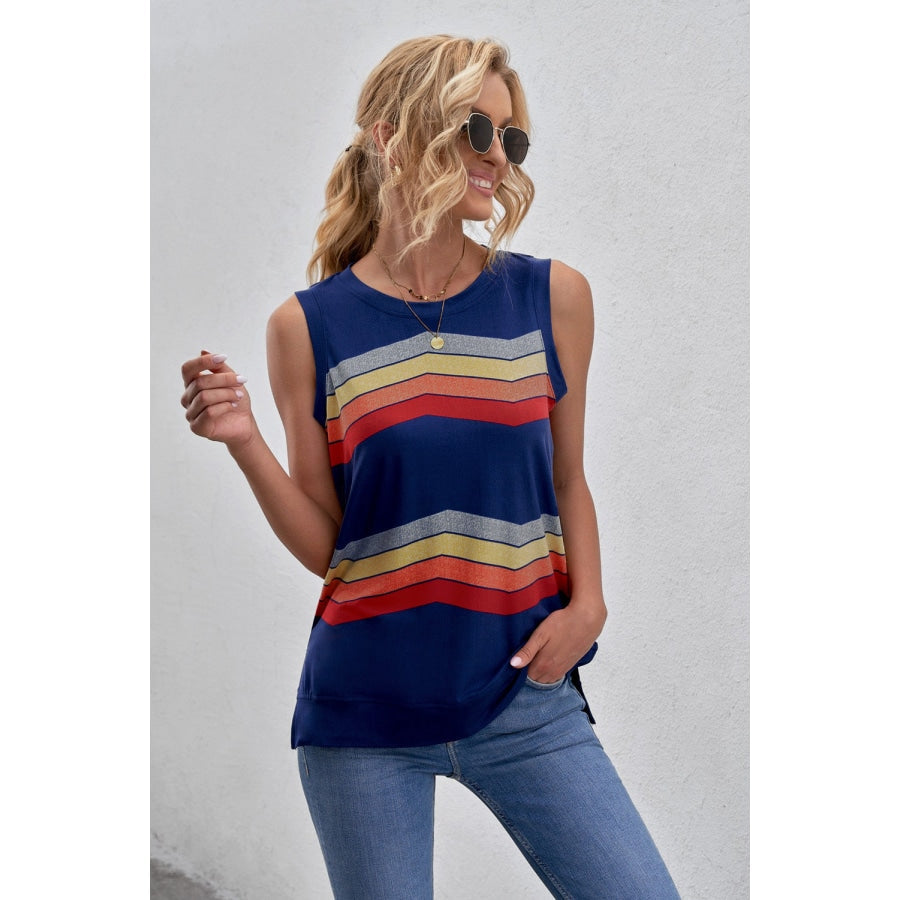 Printed Side Slit Round Neck Tank