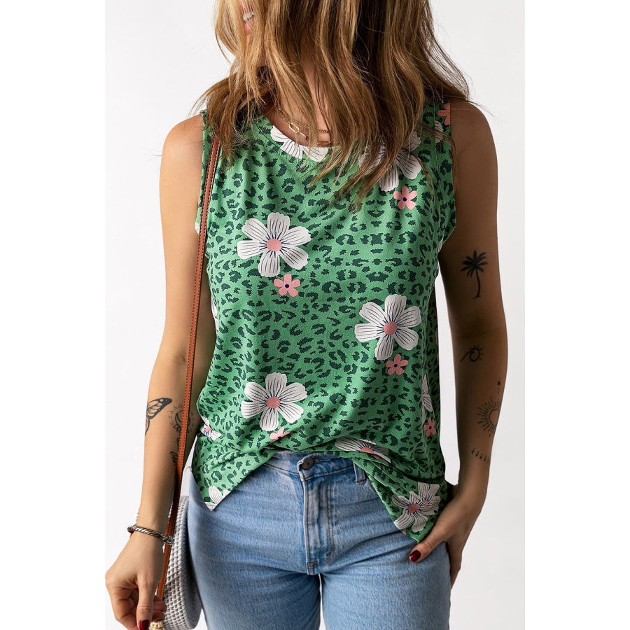 Printed Side Slit Round Neck Tank