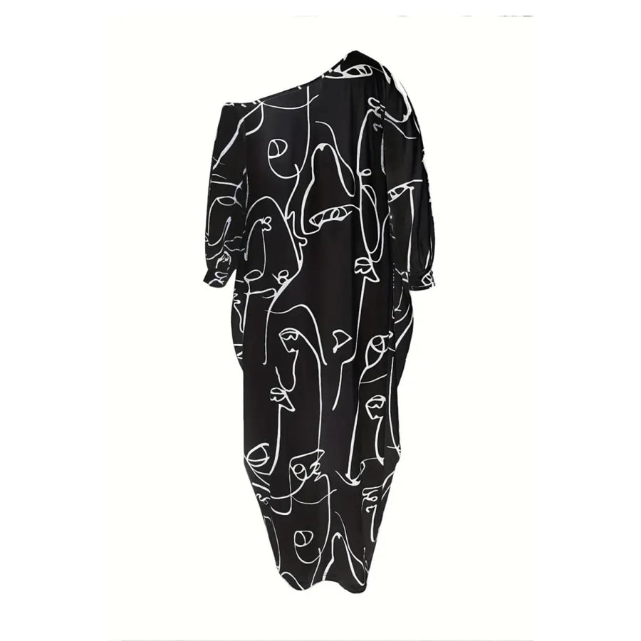 Printed Single Shoulder Lantern Sleeve Maxi Dress Apparel and Accessories