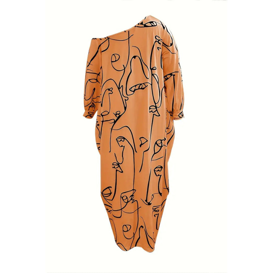 Printed Single Shoulder Lantern Sleeve Maxi Dress Apparel and Accessories