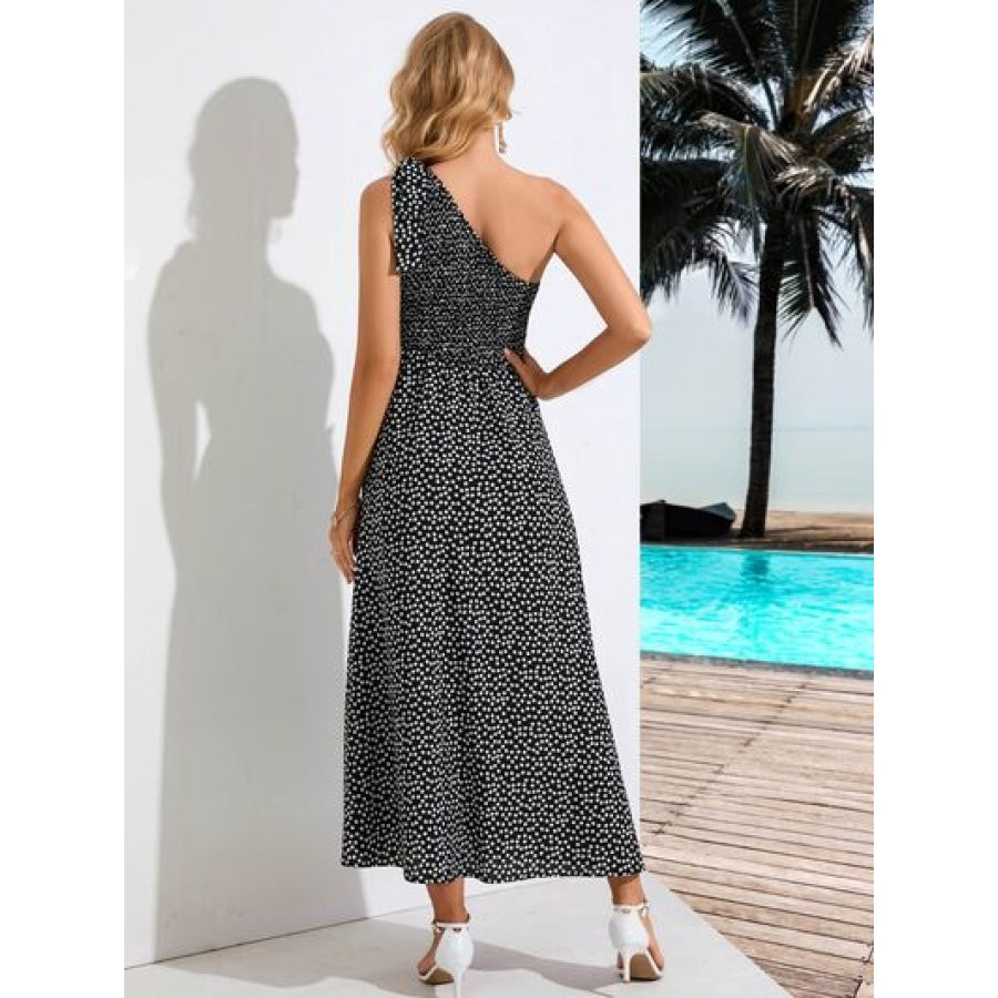 Printed Single Shoulder Midi Dress Black / S Apparel and Accessories