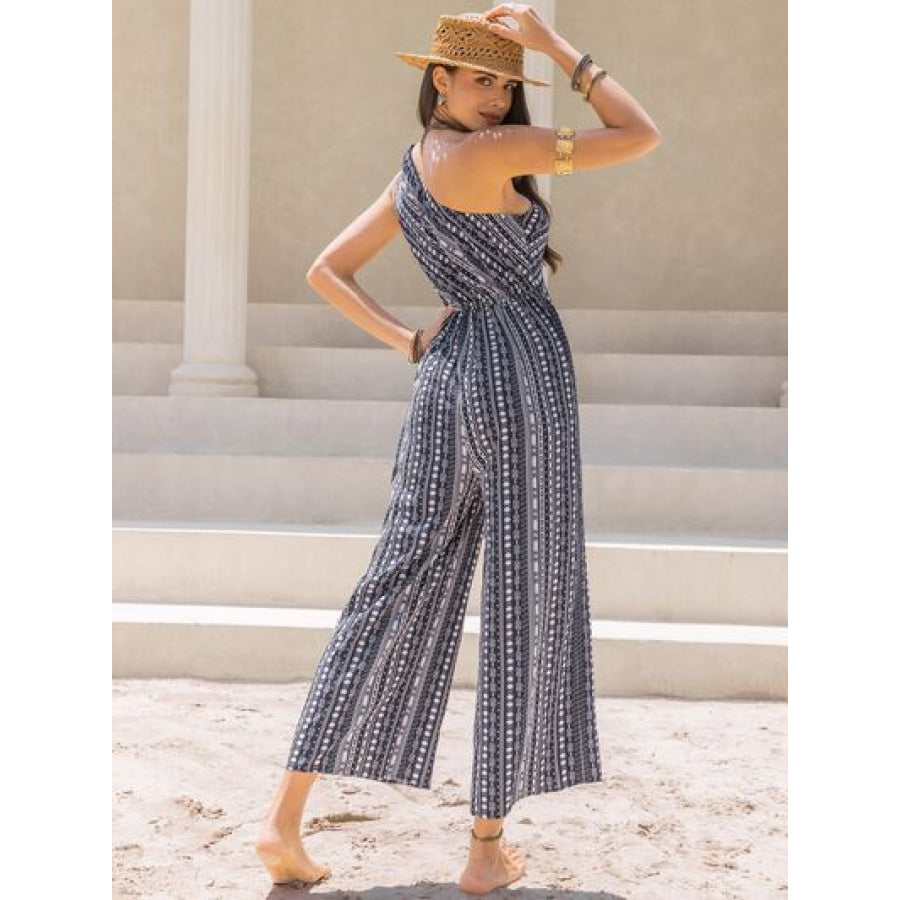Printed Single Shoulder Sleeveless Jumpsuit Black / S Apparel and Accessories