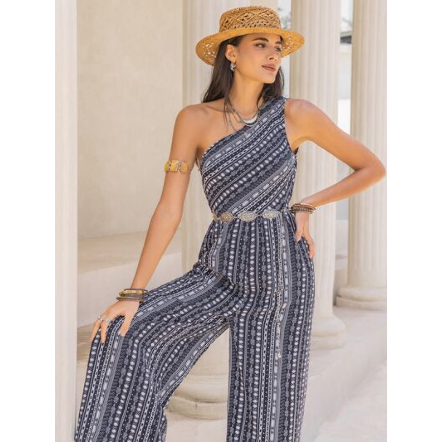 Printed Single Shoulder Sleeveless Jumpsuit Apparel and Accessories