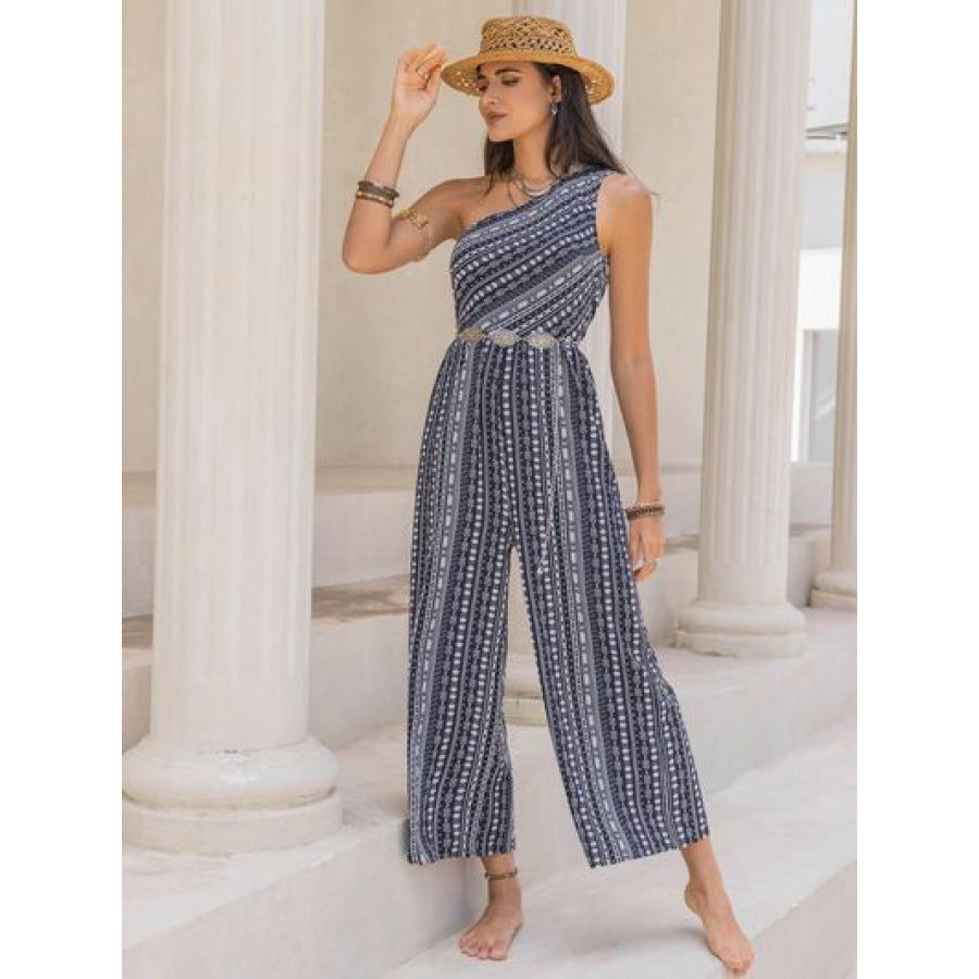 Printed Single Shoulder Sleeveless Jumpsuit Apparel and Accessories