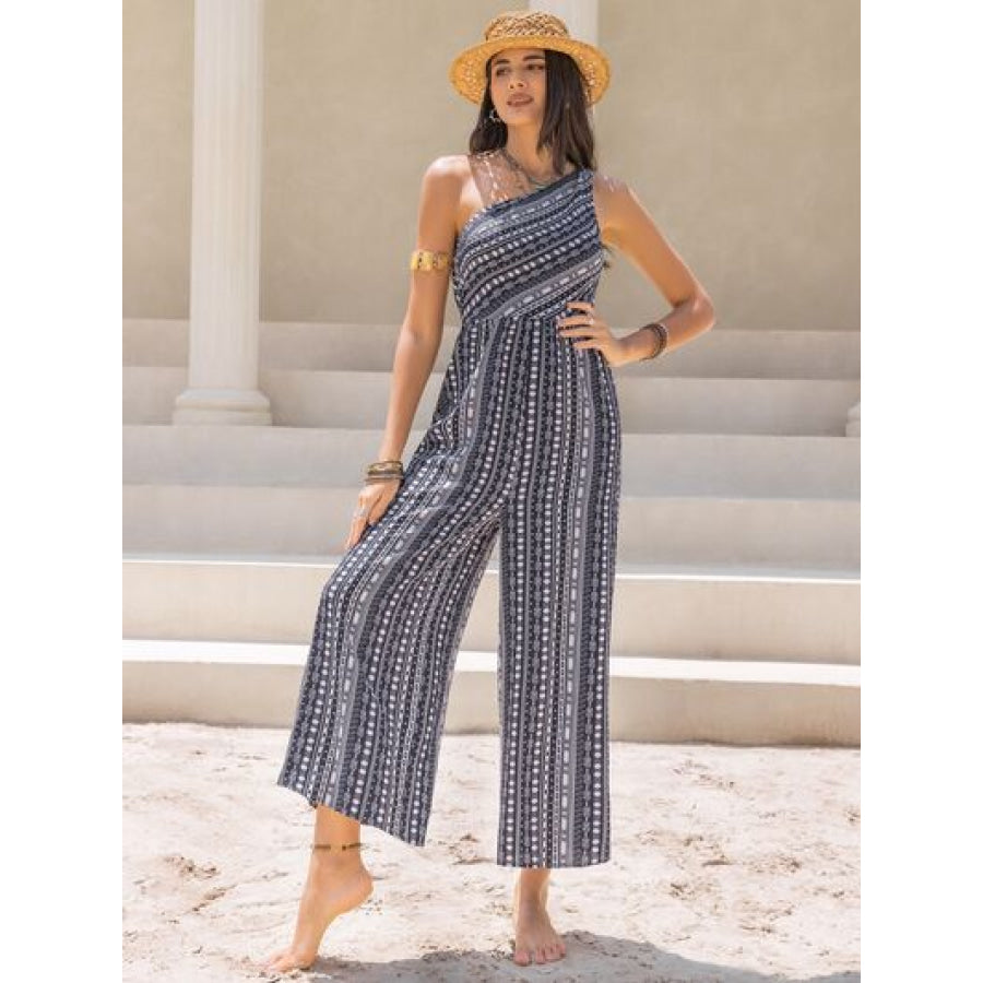 Printed Single Shoulder Sleeveless Jumpsuit Black / S Apparel and Accessories