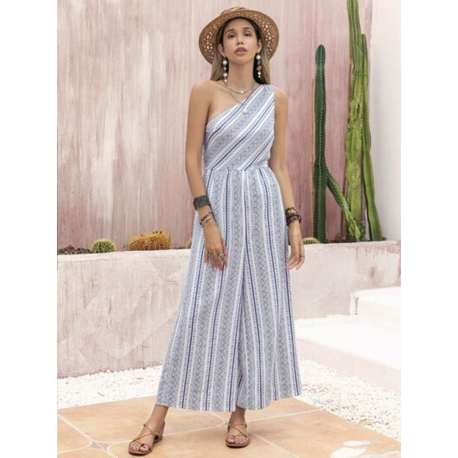 Printed Single Shoulder Sleeveless Jumpsuit White / S Apparel and Accessories