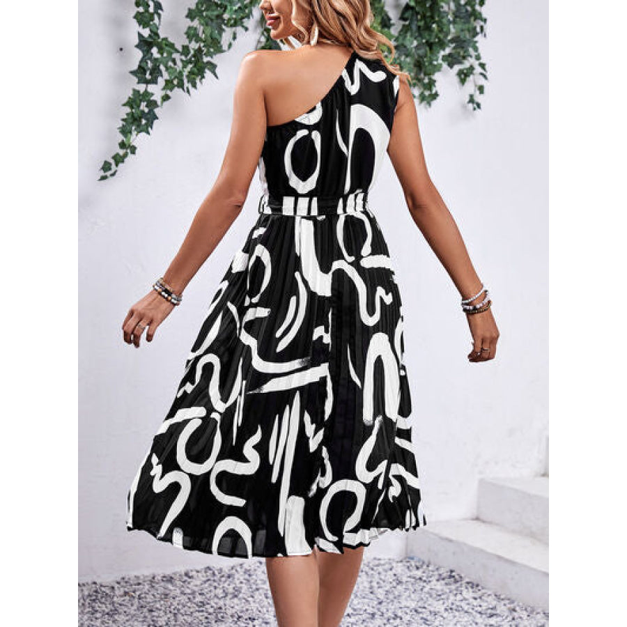 Printed Single Shoulder Tie Waist Dress Apparel and Accessories