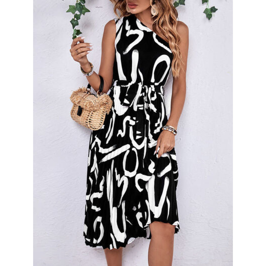 Printed Single Shoulder Tie Waist Dress Apparel and Accessories