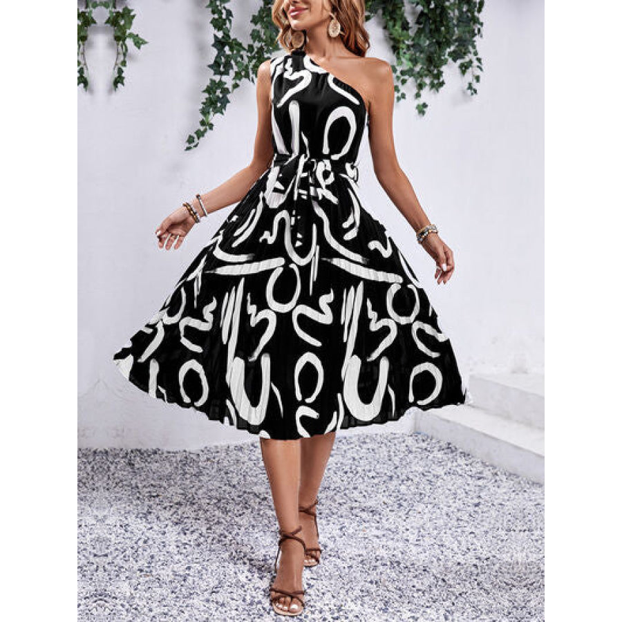 Printed Single Shoulder Tie Waist Dress Apparel and Accessories