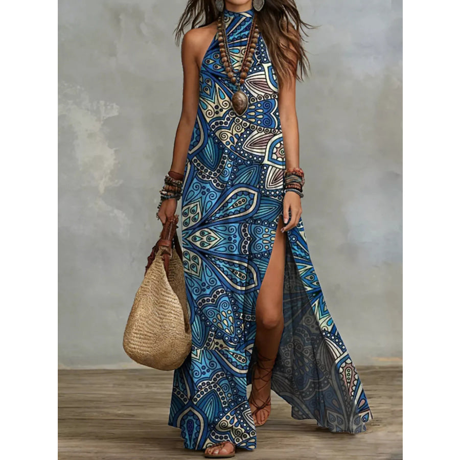 Printed Sleeveless Maxi Dress Blue / S Apparel and Accessories