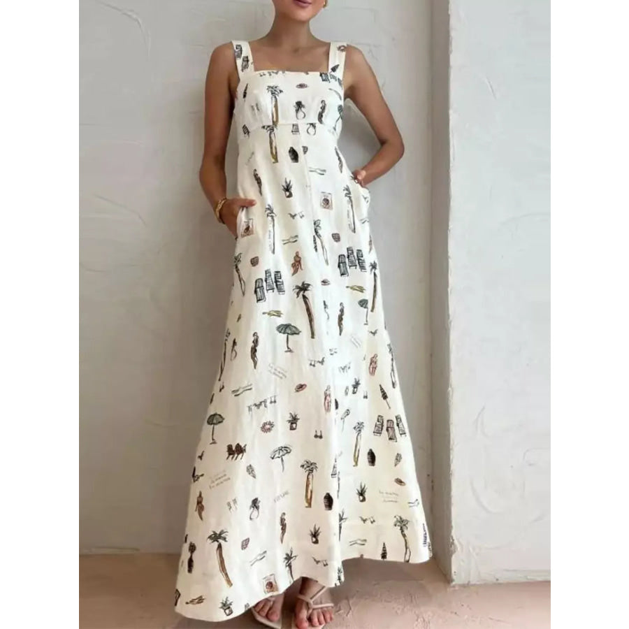 Printed Sleeveless Maxi Dress with Pockets White / S Apparel and Accessories