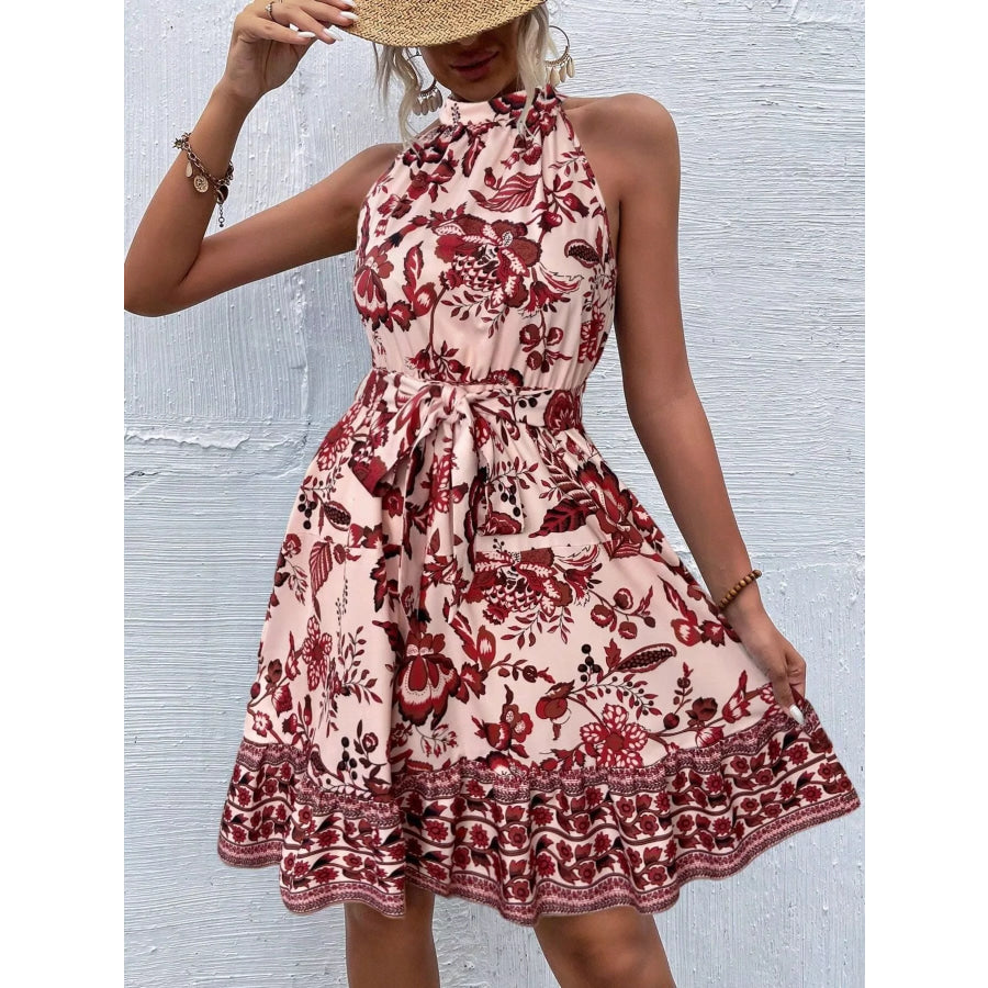 Printed Sleeveless Tie Waist Dress Apparel and Accessories