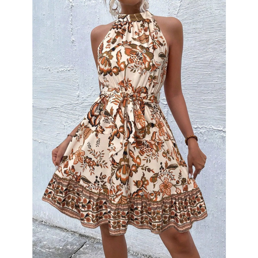 Printed Sleeveless Tie Waist Dress Apparel and Accessories