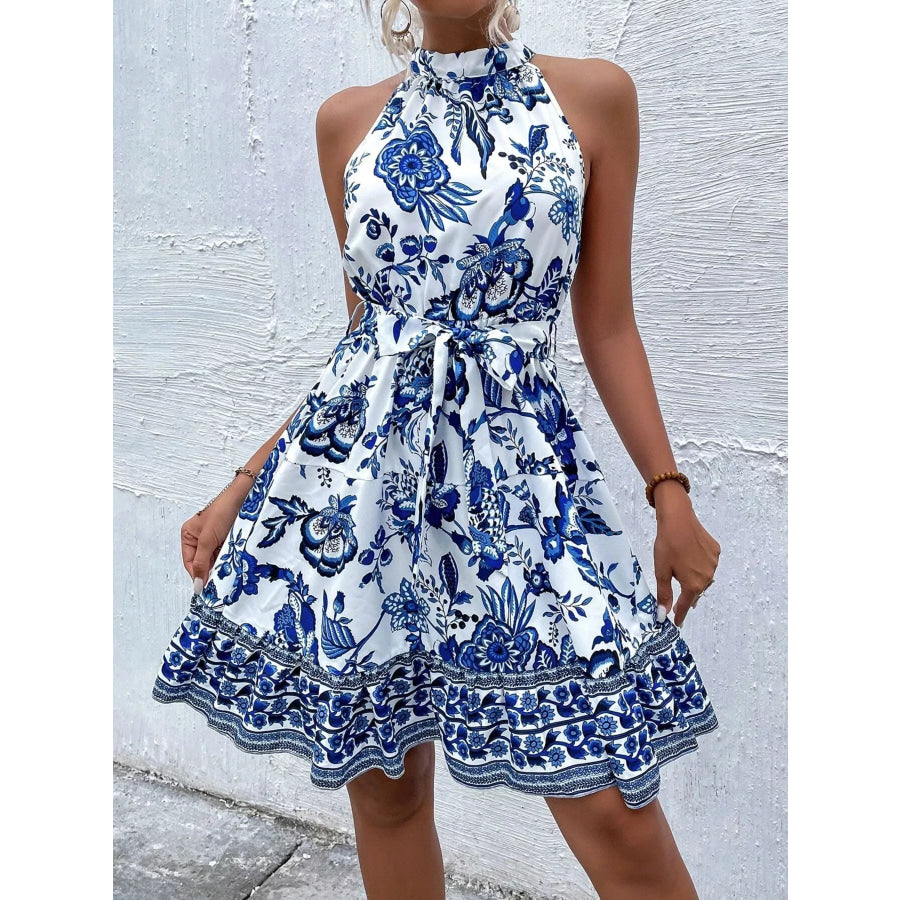 Printed Sleeveless Tie Waist Dress Apparel and Accessories