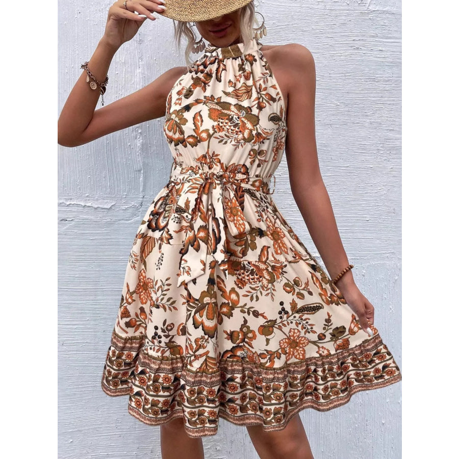 Printed Sleeveless Tie Waist Dress Apparel and Accessories