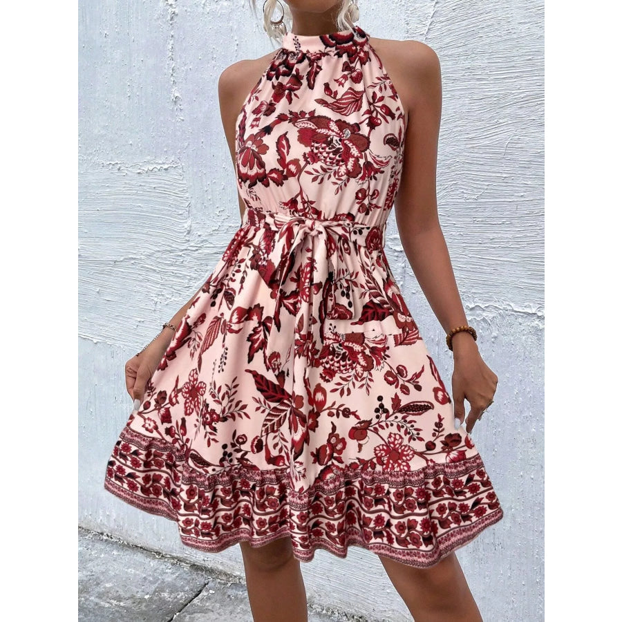 Printed Sleeveless Tie Waist Dress Burnt Coral / S Apparel and Accessories