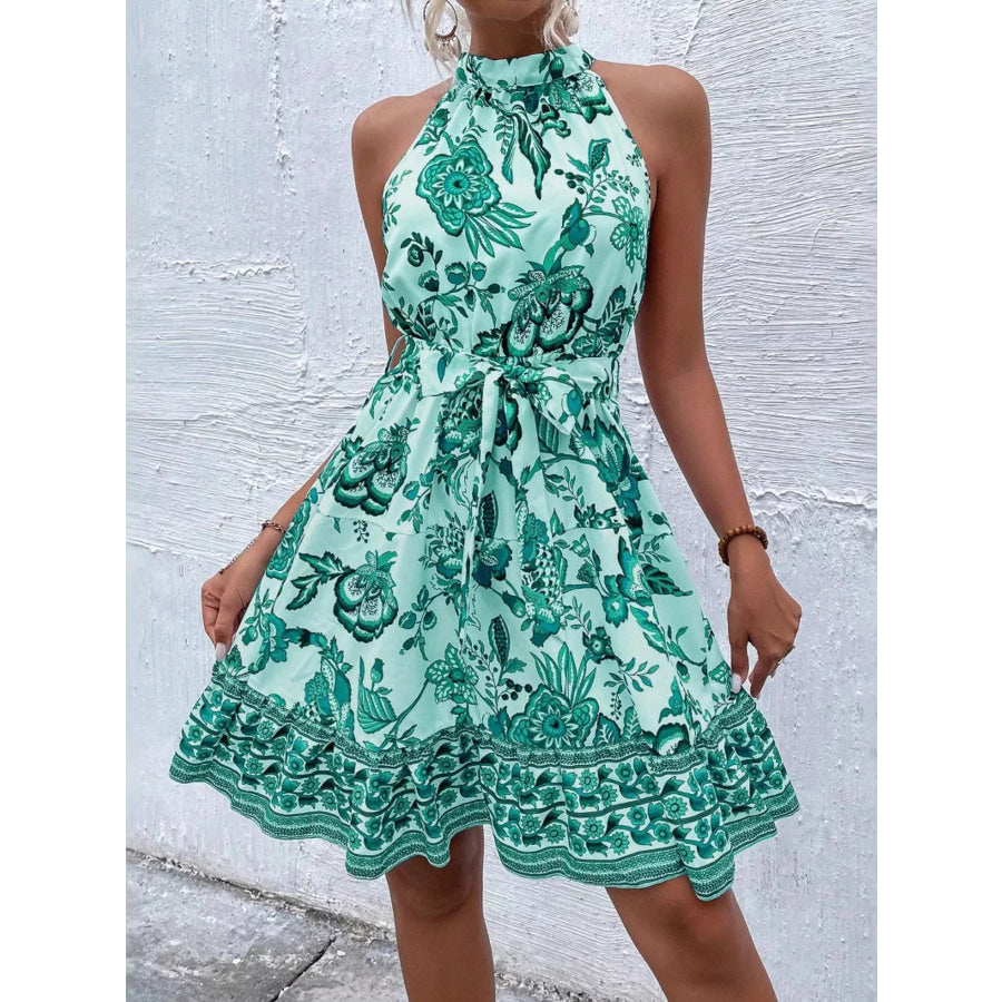Printed Sleeveless Tie Waist Dress Teal / S Apparel and Accessories