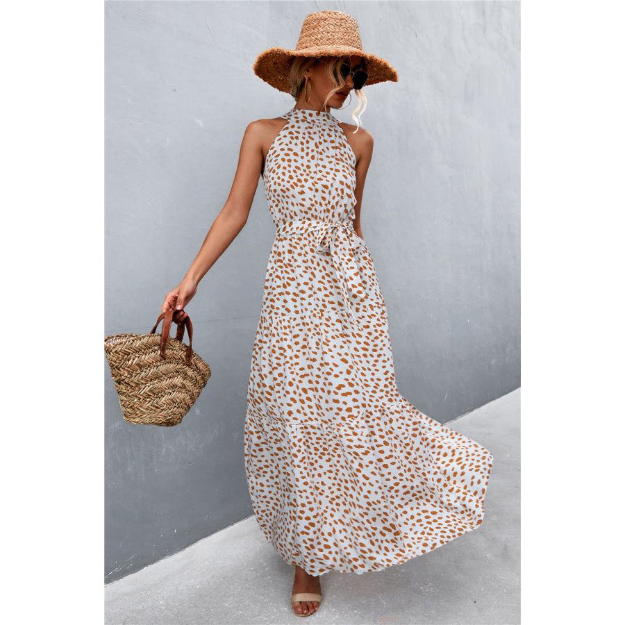 Printed Sleeveless Tie Waist Maxi Dress Beige / S