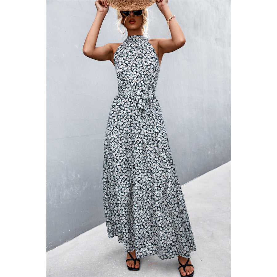 Printed Sleeveless Tie Waist Maxi Dress Black/Floral / S