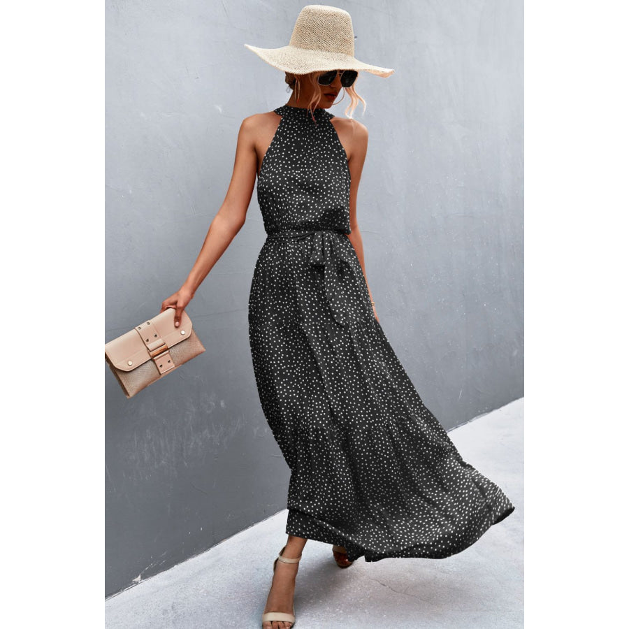 Printed Sleeveless Tie Waist Maxi Dress Black / S