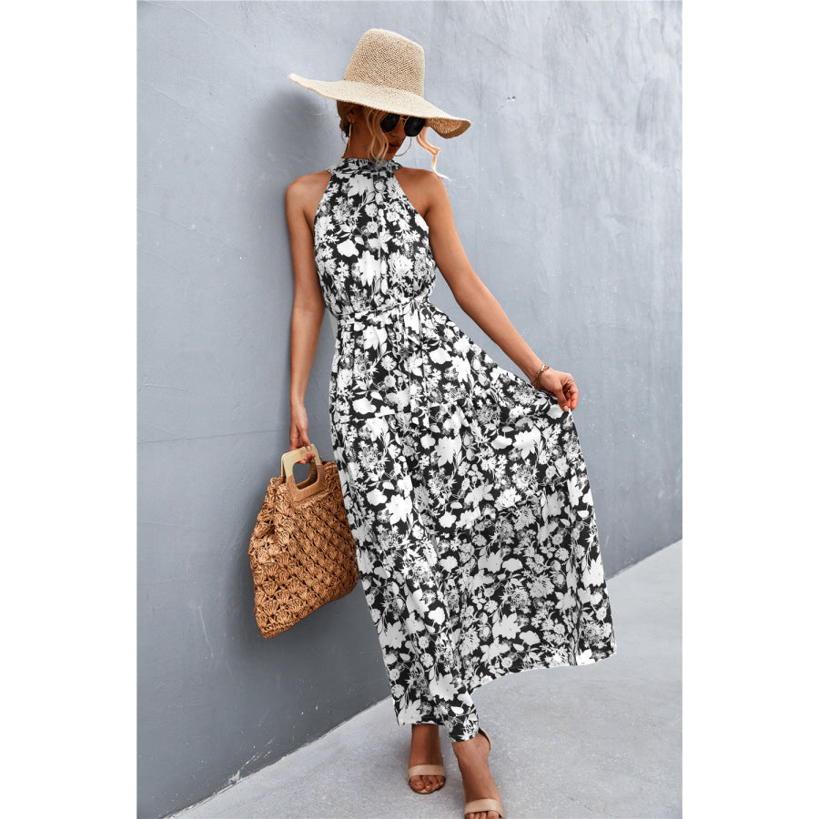 Printed Sleeveless Tie Waist Maxi Dress Black/White/Floral / S