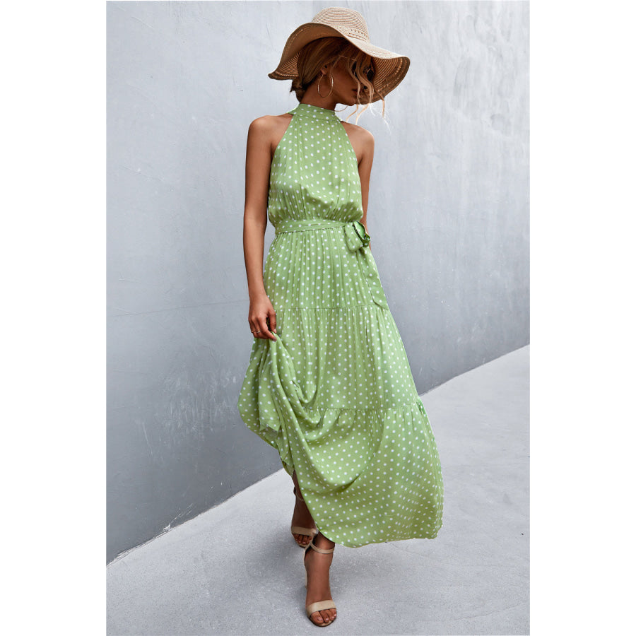 Printed Sleeveless Tie Waist Maxi Dress Gum Leaf / S