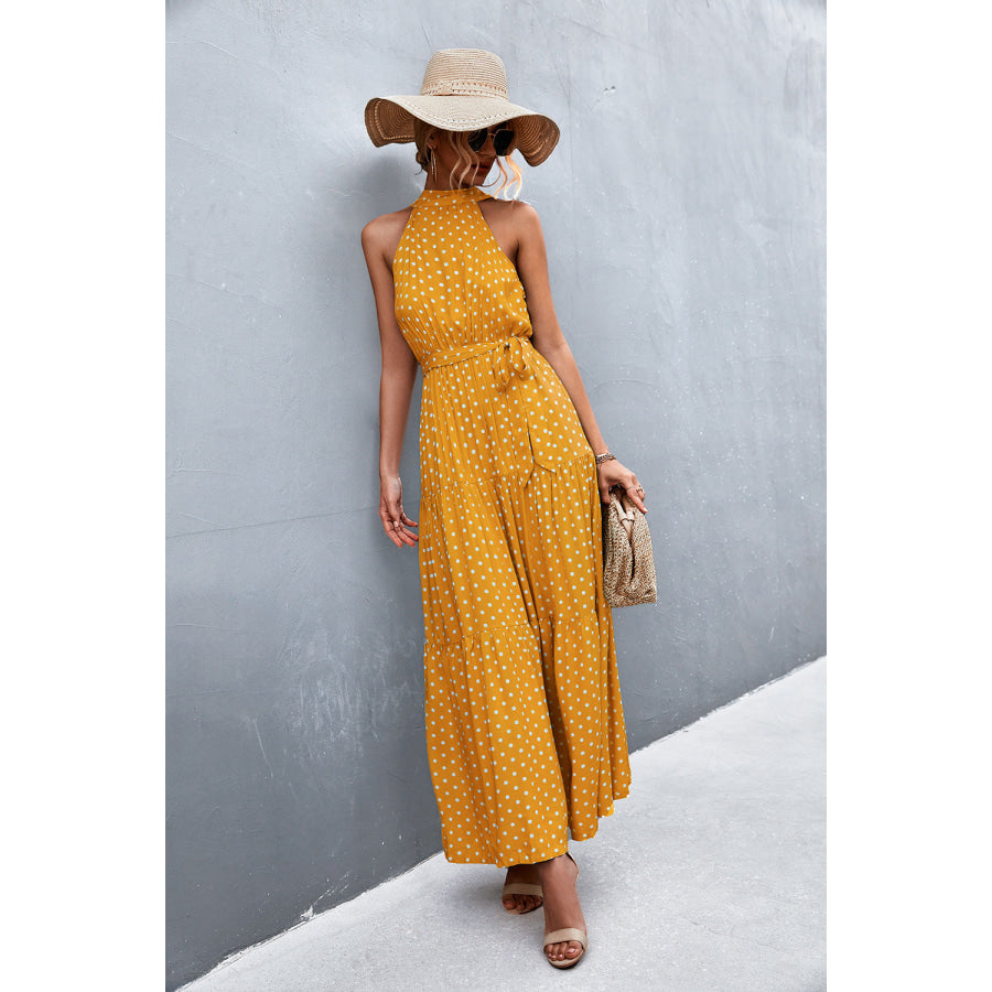 Printed Sleeveless Tie Waist Maxi Dress Mustard / S