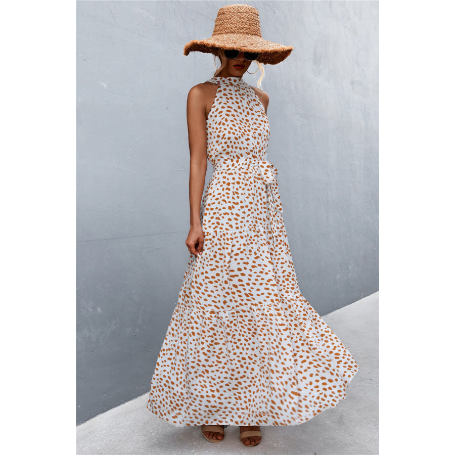 Printed Sleeveless Tie Waist Maxi Dress