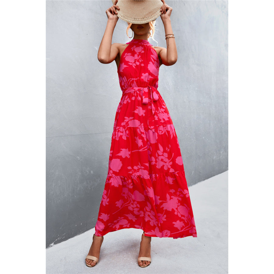 Printed Sleeveless Tie Waist Maxi Dress