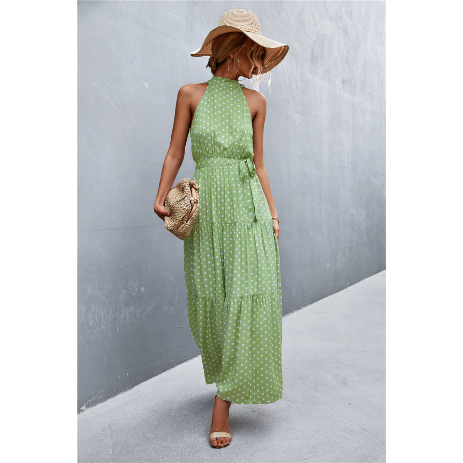 Printed Sleeveless Tie Waist Maxi Dress