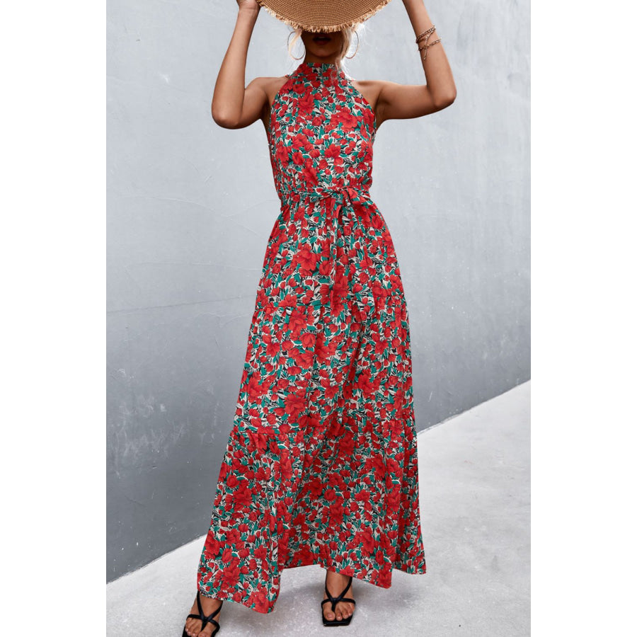 Printed Sleeveless Tie Waist Maxi Dress