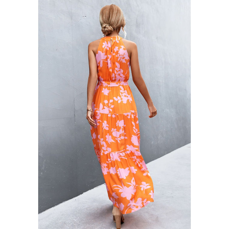 Printed Sleeveless Tie Waist Maxi Dress