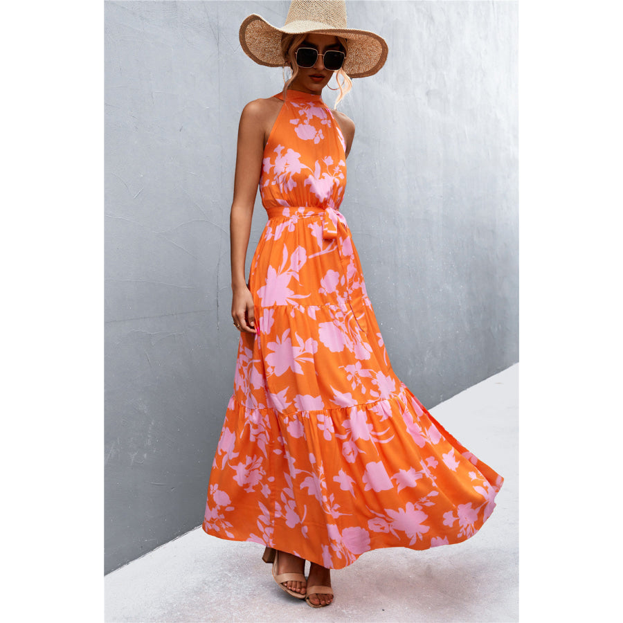 Printed Sleeveless Tie Waist Maxi Dress