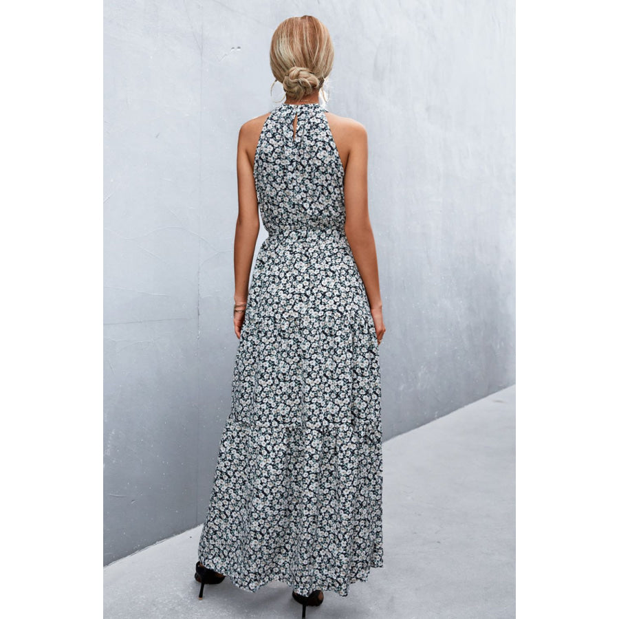 Printed Sleeveless Tie Waist Maxi Dress