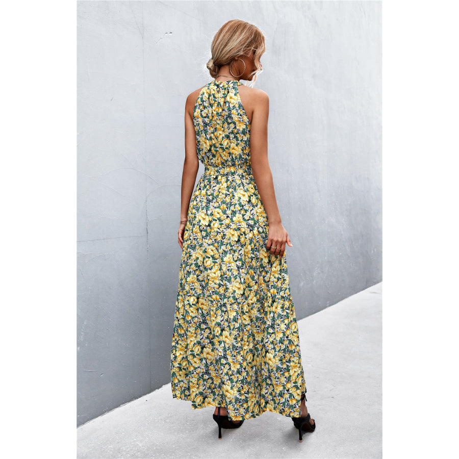 Printed Sleeveless Tie Waist Maxi Dress