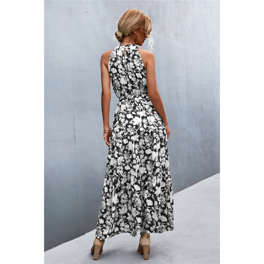 Printed Sleeveless Tie Waist Maxi Dress