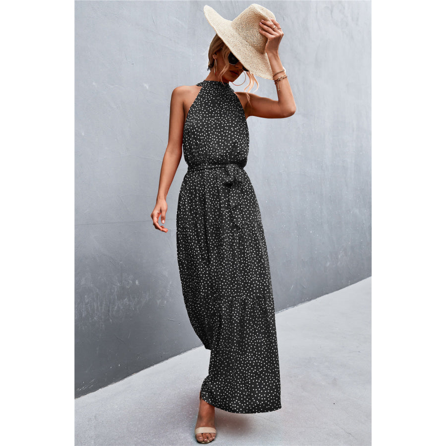 Printed Sleeveless Tie Waist Maxi Dress