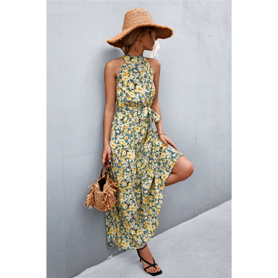 Printed Sleeveless Tie Waist Maxi Dress