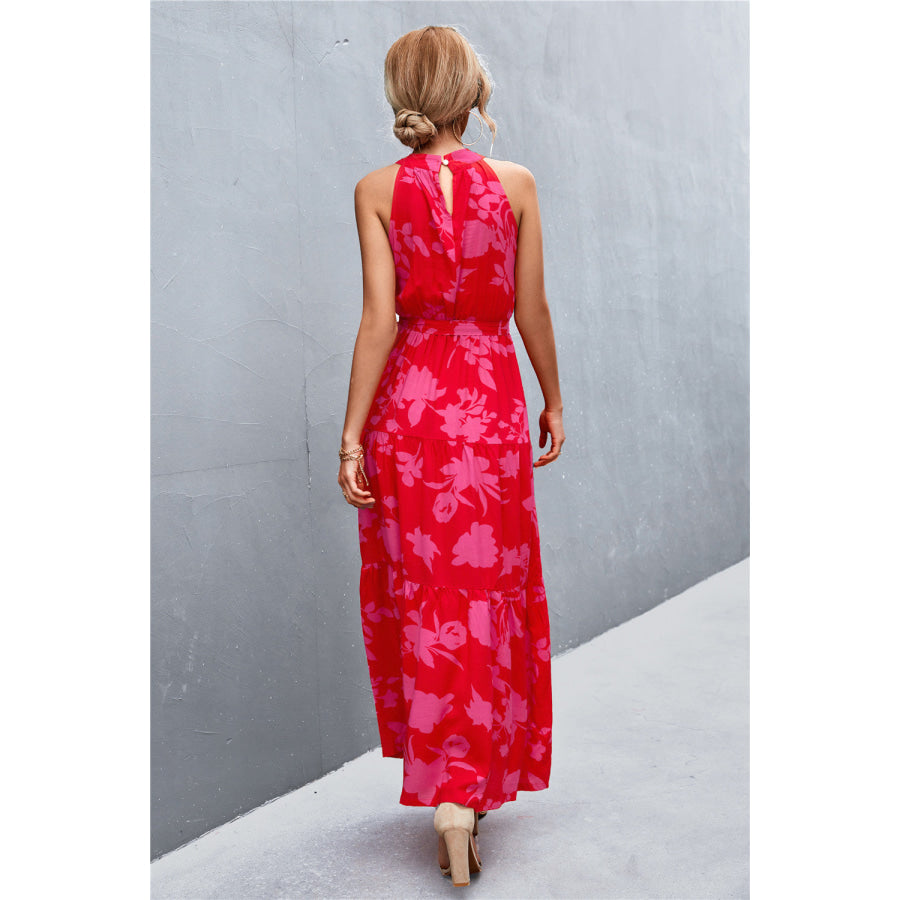 Printed Sleeveless Tie Waist Maxi Dress