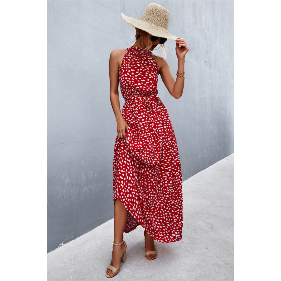 Printed Sleeveless Tie Waist Maxi Dress