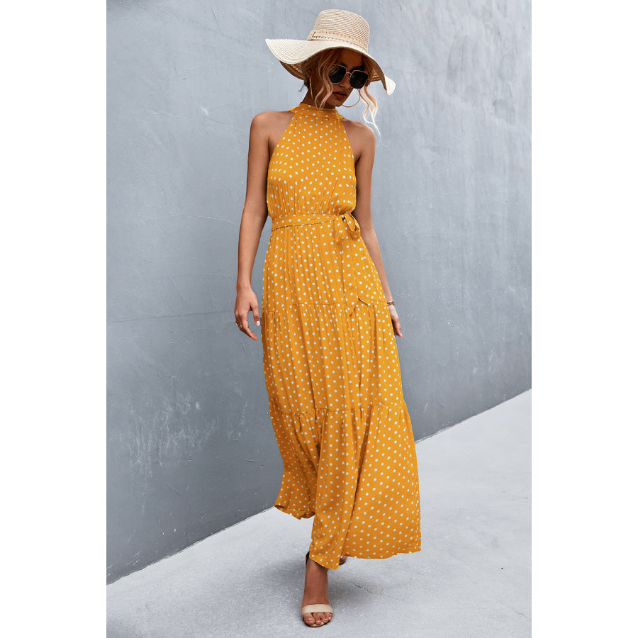 Printed Sleeveless Tie Waist Maxi Dress