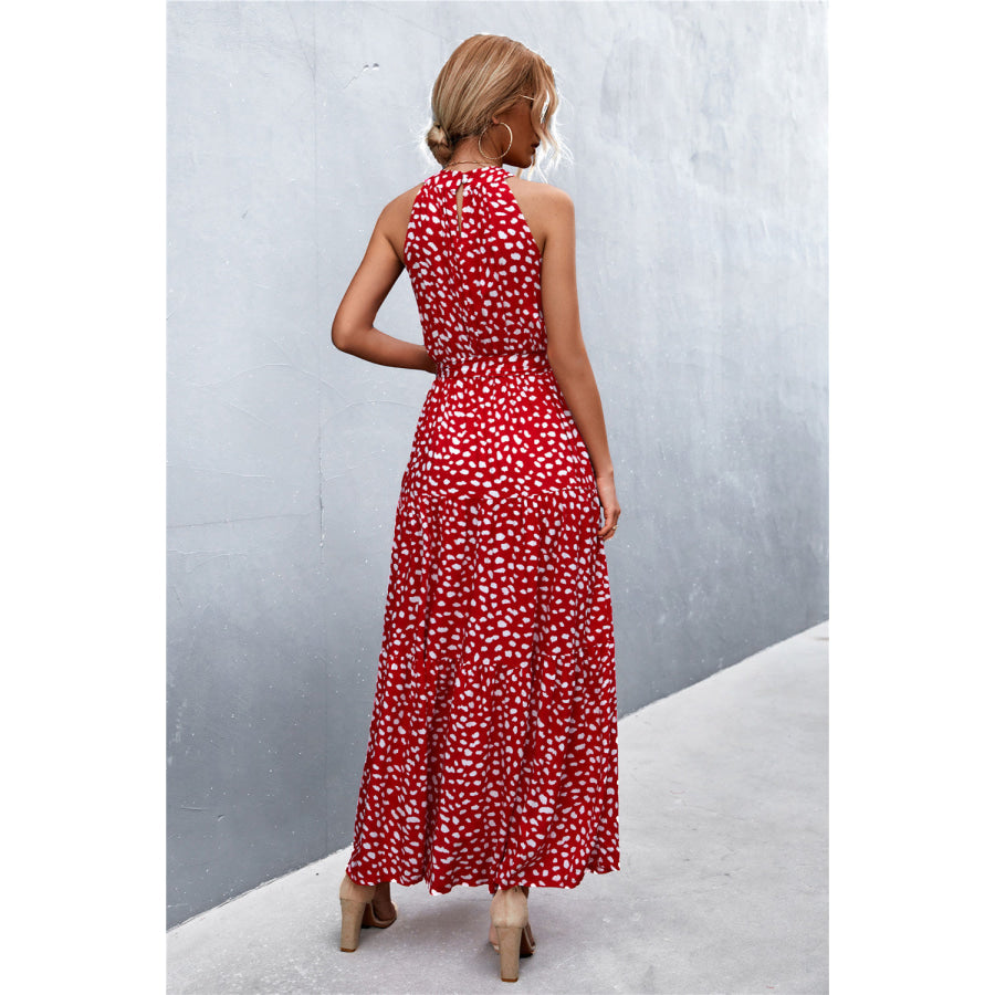 Printed Sleeveless Tie Waist Maxi Dress