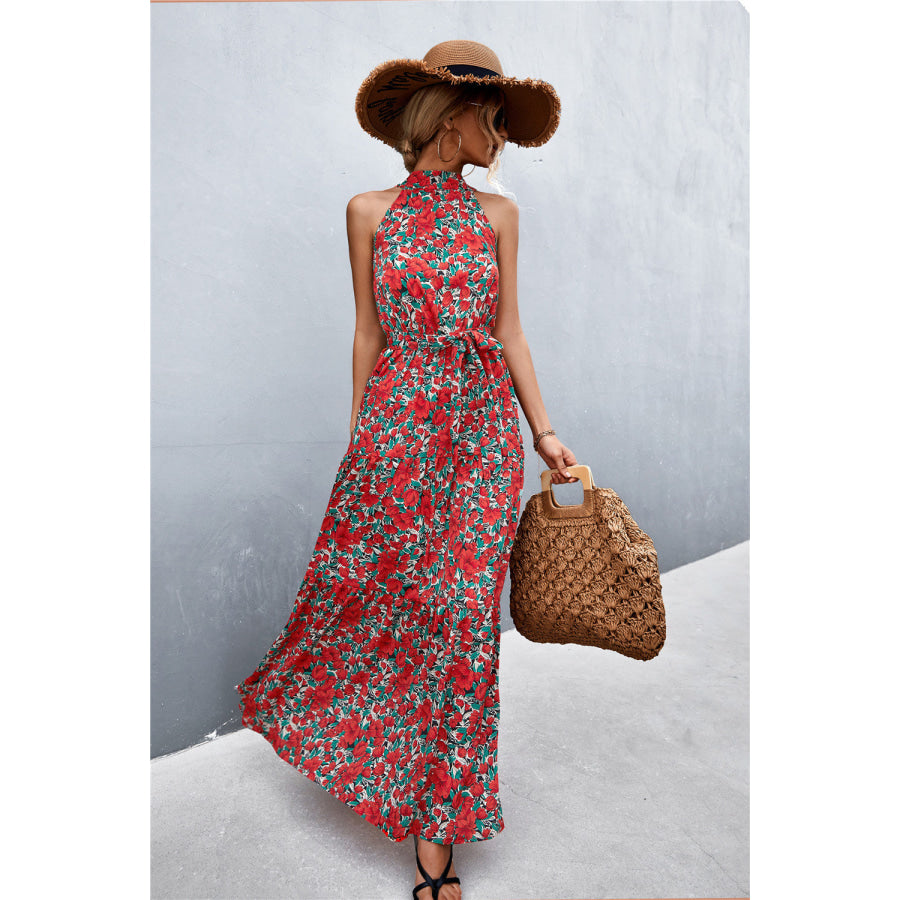 Printed Sleeveless Tie Waist Maxi Dress